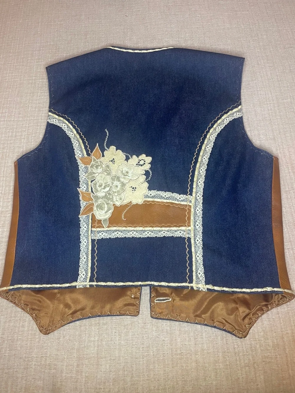 Vintage Handmade Leather Denim Floral Appliqué Vest Boho Western Art Piece